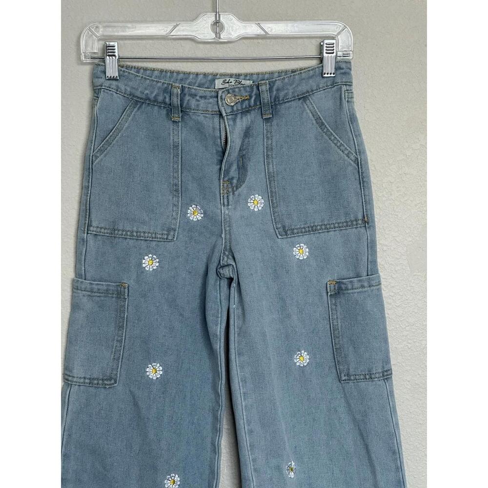 Girls Soho Blue Denim Jeans Pants With Side Pockets‎ and Daisies size 10 - Picture 10 of 11